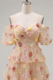 Champagne Cold Shoulder A-Line Tiered Short Homecoming Dress with 3D Flowers