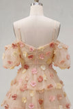 Champagne Cold Shoulder A-Line Tiered Short Homecoming Dress with 3D Flowers