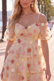 Champagne Cold Shoulder A-Line Tiered Short Homecoming Dress with 3D Flowers