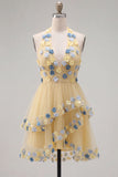 Apricot Halter Neck A-Line Tiered Ruffled Short Homecoming Dress with 3D Flowers