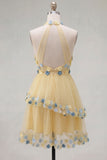 Apricot Halter Neck A-Line Tiered Ruffled Short Homecoming Dress with 3D Flowers