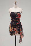 Black Red Flower Sweetheart Ruched Floral Tight Short Homecoming Dress with Sash