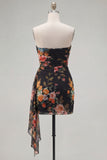 Black Red Flower Sweetheart Ruched Floral Tight Short Homecoming Dress with Sash
