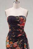 Black Red Flower Sweetheart Ruched Floral Tight Short Homecoming Dress with Sash