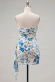 Black Red Flower Sweetheart Ruched Floral Tight Short Homecoming Dress with Sash