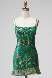 Dark Green Bodycon Floral Ruffled Short Homecoming Dress with Lace Up Back