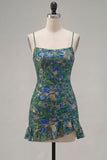 Dark Green Bodycon Floral Ruffled Short Homecoming Dress with Lace Up Back