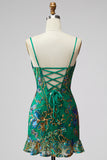 Dark Green Bodycon Floral Ruffled Short Homecoming Dress with Lace Up Back