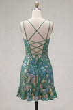 Dark Green Bodycon Floral Ruffled Short Homecoming Dress with Lace Up Back