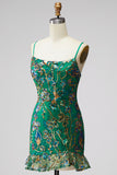 Dark Green Bodycon Floral Ruffled Short Homecoming Dress with Lace Up Back