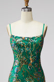 Dark Green Bodycon Floral Ruffled Short Homecoming Dress with Lace Up Back