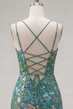 Dark Green Bodycon Floral Ruffled Short Homecoming Dress with Lace Up Back