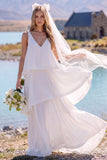 White V-Neck Tiered Sleeveless Maxi Elopement Wedding Dress
