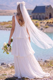 White V-Neck Tiered Sleeveless Maxi Elopement Wedding Dress