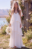 White V-Neck Tiered Sleeveless Maxi Elopement Wedding Dress