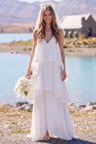 White V-Neck Tiered Sleeveless Maxi Elopement Wedding Dress