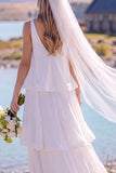 White V-Neck Tiered Sleeveless Maxi Elopement Wedding Dress