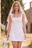 White A-Line Square Neck Sleeveless Mini Elopement Wedding Dress with 3D Flower