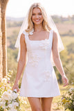 White A-Line Square Neck Sleeveless Mini Elopement Wedding Dress with 3D Flower