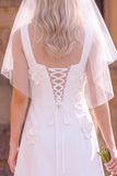 White A-Line Square Neck Sleeveless Mini Elopement Wedding Dress with 3D Flower