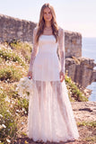 White Square Neck Long Sleeves Maxi Elopement Wedding Dress with Lace