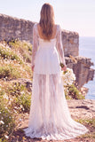 White Square Neck Long Sleeves Maxi Elopement Wedding Dress with Lace