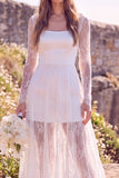 White Square Neck Long Sleeves Maxi Elopement Wedding Dress with Lace