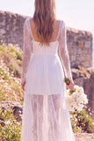 White Square Neck Long Sleeves Maxi Elopement Wedding Dress with Lace