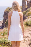 White A-Line High Neck Short Elopement Wedding Dress with 3D Flower