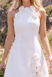 White A-Line High Neck Short Elopement Wedding Dress with 3D Flower