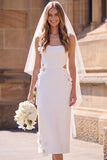 White Sheath Square Neck Cut Out Maxi Elopement Wedding Dress with 3D Flower