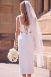White Sheath Square Neck Cut Out Maxi Elopement Wedding Dress with 3D Flower