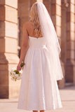 White A-Line Strapless Pleated Tea-Length Elopement Wedding Dress