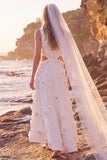 White A-Line Round Neck Cut Out Appliqued Maxi Elopement Wedding Dress