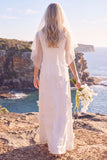 White Sheath Round Neck Appliqued Maxi Elopement Wedding Dress