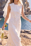 White Sheath Round Neck Appliqued Maxi Elopement Wedding Dress