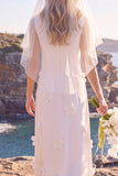 White Sheath Round Neck Appliqued Maxi Elopement Wedding Dress