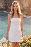 White Sheath Square Neck Appliqued Short Elopement Wedding Dress