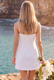 White Sheath Square Neck Appliqued Short Elopement Wedding Dress