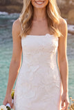 White Sheath Square Neck Appliqued Short Elopement Wedding Dress