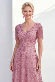 Dusty Rose A-Line V-Neck Beaded Mother Of the Bride Dress with Fringes