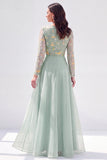 Chiffon Green A-Line Bateau Neck Floral Mother Of the Bride Dress with Long Sleeves