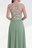 Green Floral A-Line Round Neck Appliqued Long Mother of the Bride Dress with Cap Sleeves