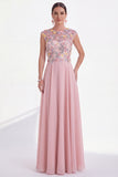 Green Floral A-Line Round Neck Appliqued Long Mother of the Bride Dress with Cap Sleeves