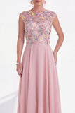 Green Floral A-Line Round Neck Appliqued Long Mother of the Bride Dress with Cap Sleeves