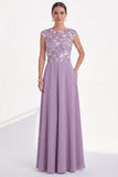 Green Floral A-Line Round Neck Appliqued Long Mother of the Bride Dress with Cap Sleeves