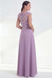 Green Floral A-Line Round Neck Appliqued Long Mother of the Bride Dress with Cap Sleeves
