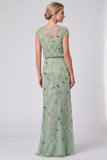 Green Floral Mermaid Sequins Round Neck Long Mother of the Bride Dress with Cap Sleeves