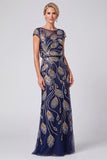 Green Floral Mermaid Sequins Round Neck Long Mother of the Bride Dress with Cap Sleeves