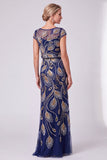 Green Floral Mermaid Sequins Round Neck Long Mother of the Bride Dress with Cap Sleeves